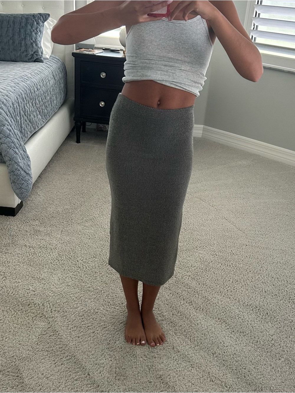 Zara Gray Ribbed Knit Midi Skirt